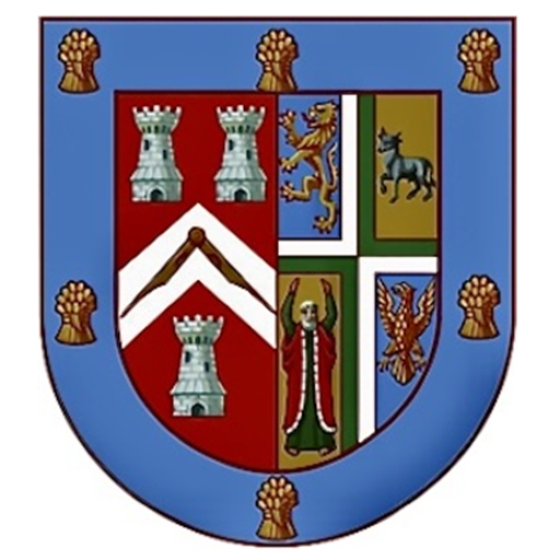 A heraldic shield with various symbols: towers, a lion, a horse, and a figure in robes, surrounded by wheat sheaves.